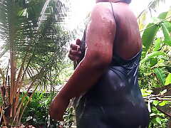 Indian Desi Bhabhi Outside Bathing wearing see through nighty added to flashing neighbor