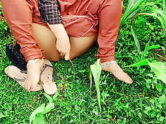 Elegant housewife having sex with eggplant in their way pussy. In the mustard garden.outdoor sex.