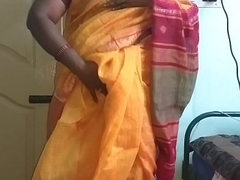 desi  indian horny tamil telugu kannada malayalam hindi cheating wife vanitha wearing orange predispose saree  resembling big chest and shaved pussy press hard chest press nip rubbing pussy masturbation